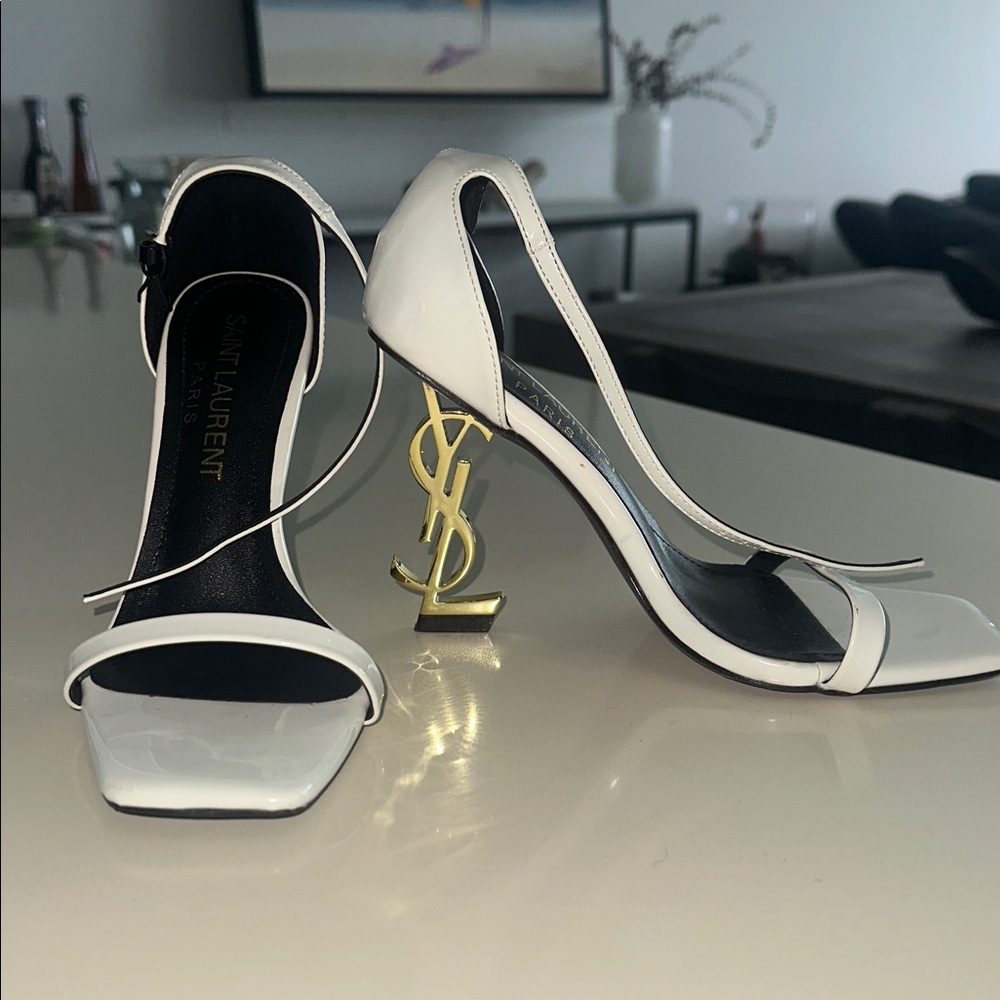 Saint Laurent YSL White Sandals with Gold Logo Heel